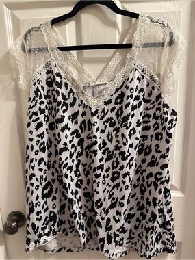 Lace Trim Leopard Print Cami Top - Black & White